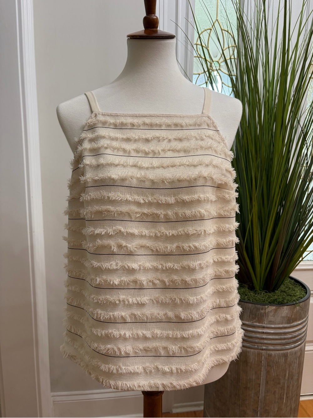 Maeve by Anthropologie Quinn Striped & Fringe Tank Top Size 8 Cream Black Boho